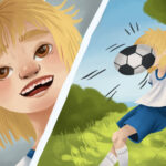 illustration of a young soccer player with a chipped tooth after getting hit with a soccer ball