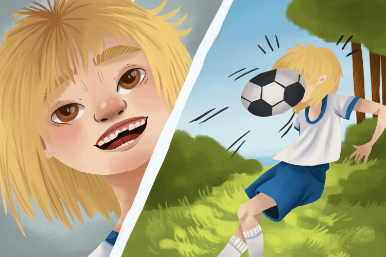 illustration of a young soccer player with a chipped tooth after getting hit with a soccer ball